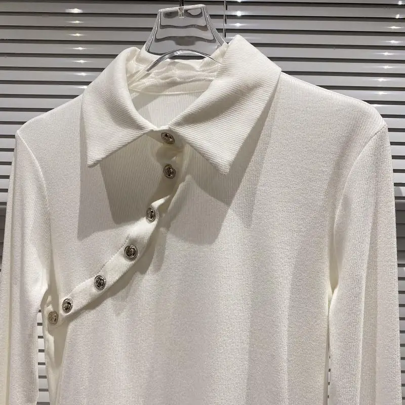 

2021 Spring Women Polo's Shirt New Metal Buckle Diagonal Open Collar Woman Cotton Knit Shirt Long-sleeved T-shirt
