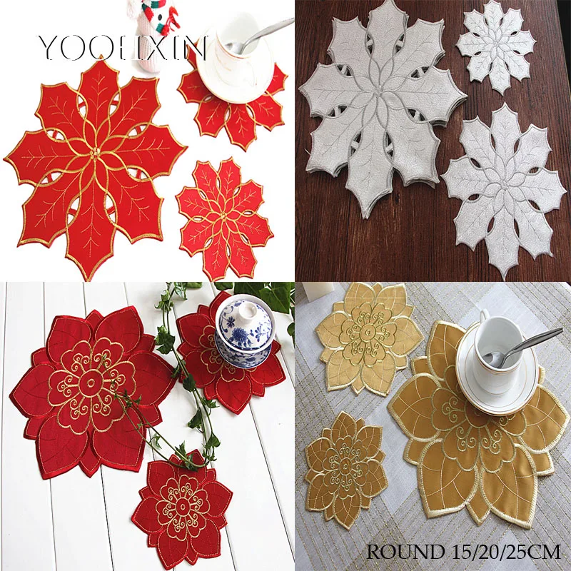 

Round satin embroidery lace table place mat cloth pad cup coaster placemat doily kitchen wedding Christmas party decor tableware