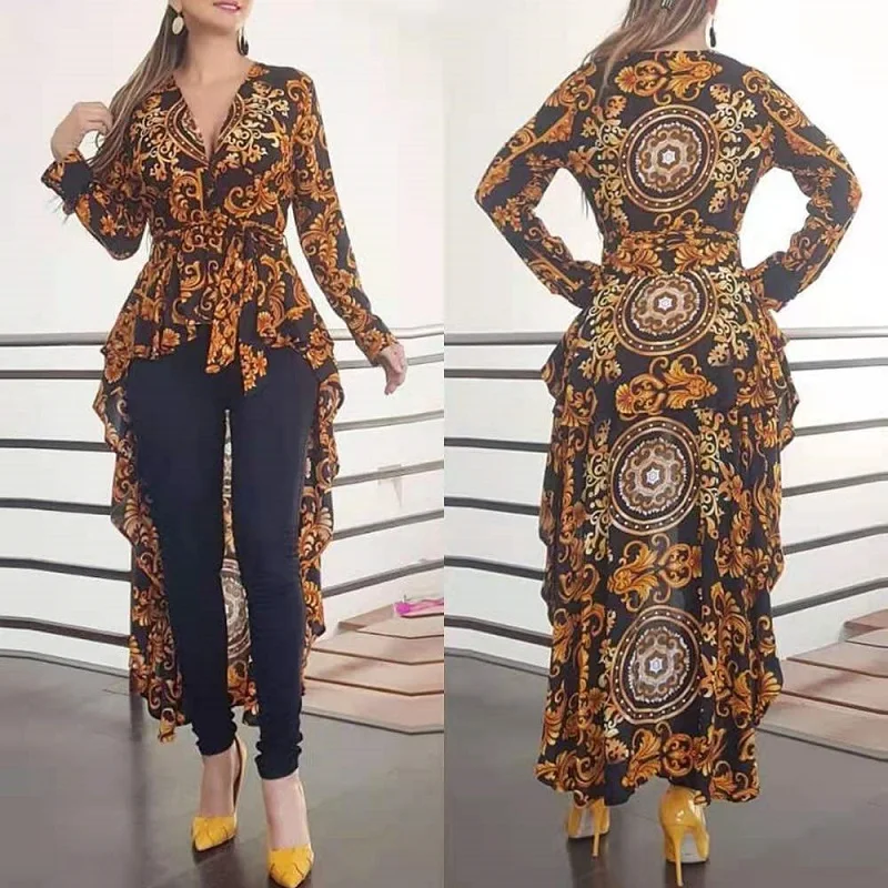 

Женское летнее платье с принтом, асимметричное платье с глубоким V-образным вырезом и длинным рукавом, 2021