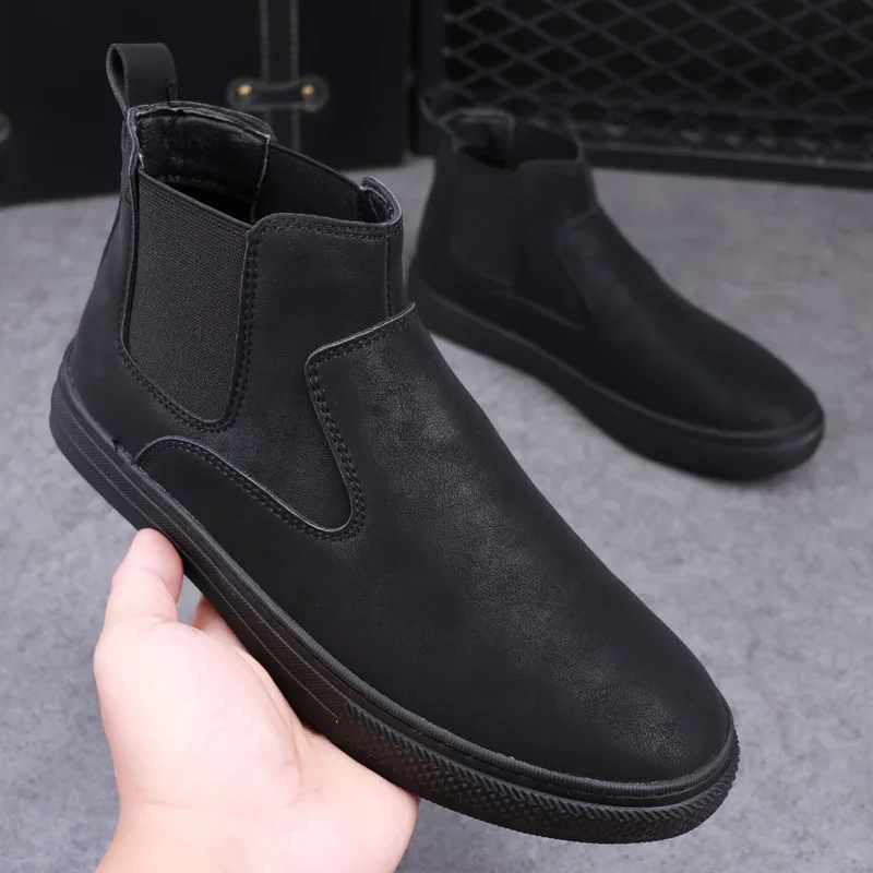 

Korean style men's casual chelsea boots tide slip-on flats shoes cowboy soft leather platform boot spring autumn ankle botas man