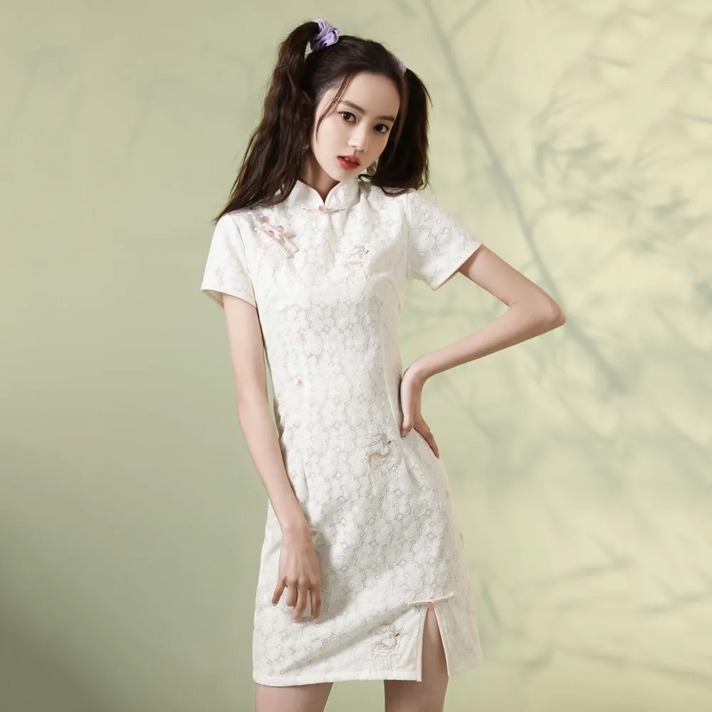 

Chinese Traditional Dress Women Cheongsam Qipao Mini Sexy Split Lady Banquet Dress Chipao Short Sleeve Evening Dress Vestidos