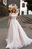 boho high neck wedding dress lace applique a line short sleeves tulle illusion bridal gown vestido de novia sweep train custom