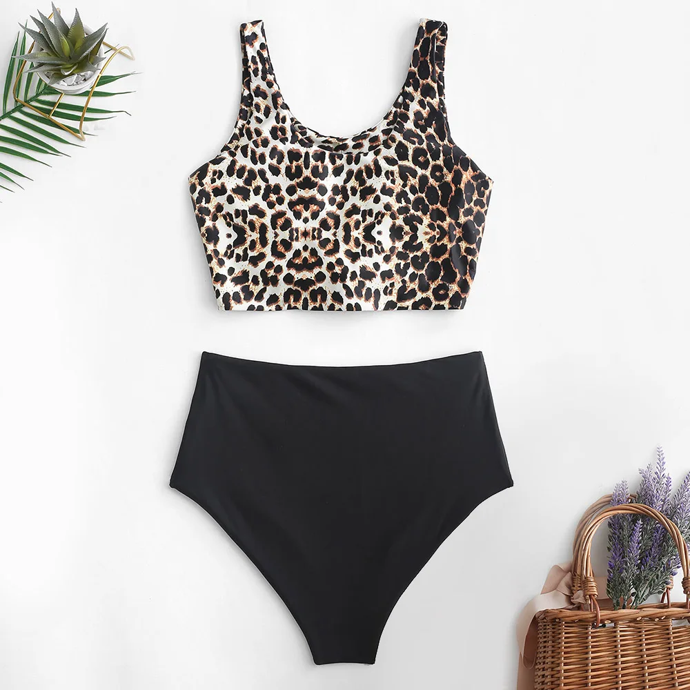 ZAFUL Animal Print Knotted Mix And Match Tankini Swimwear Scoop Neck Leopard Print Two Pieces Swimsuit Padded Beachwear 2020 New
