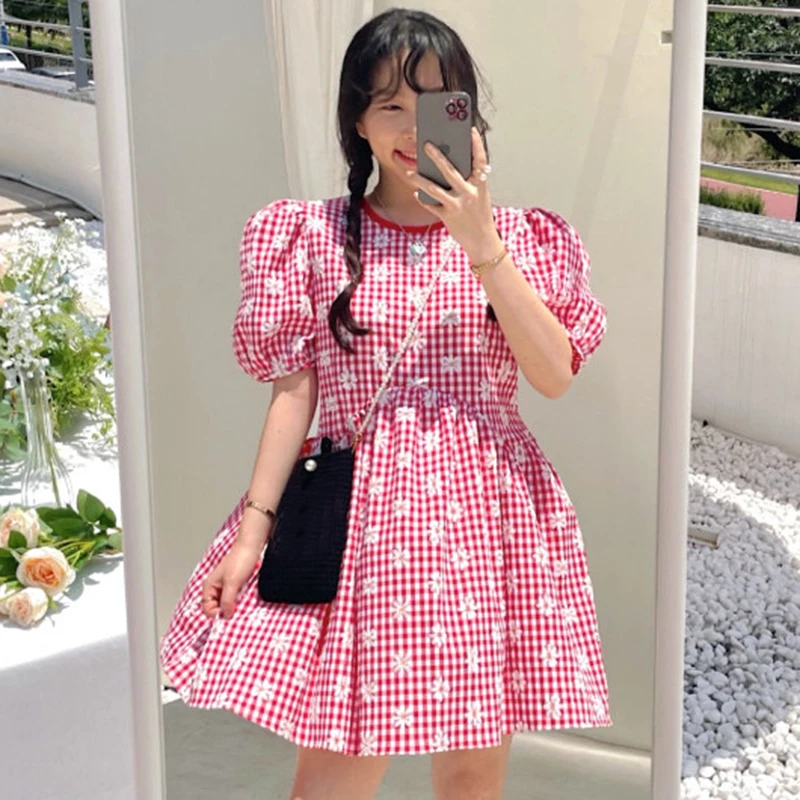 

Korejpaa Women Dress 2021 Summer Korean Fashion O Neck Back Tie Bow High Waist Bubble Sleeve Embroidered Plaid Vestidos Female