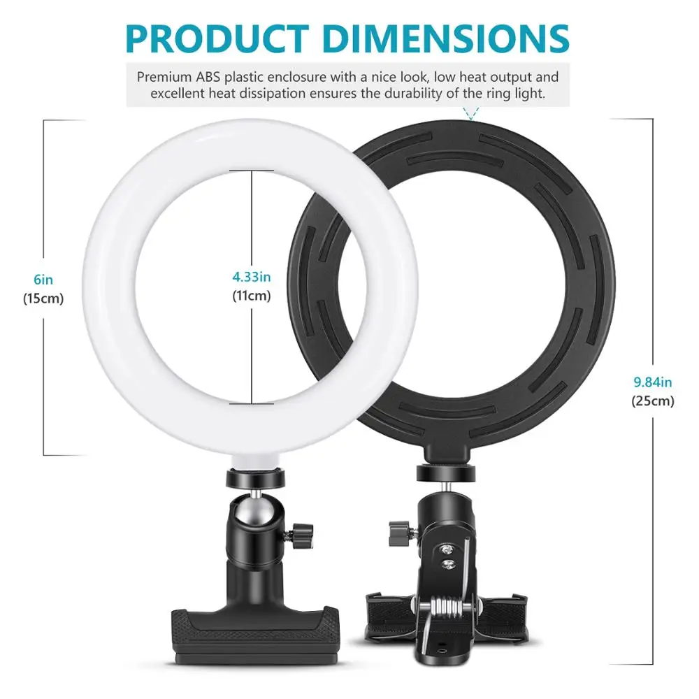 Кольцевой светильник для селфи 6 дюймов с зажимом настольный макияжа стрима