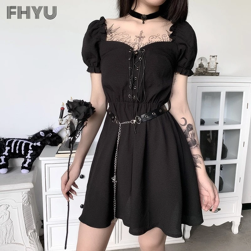 

FHYU Gothic Diablo Style Short Sleeve Black Dress Women's Sexy Street Slim Puff Sleeve High Waist Female Short Skirt S~L 22163