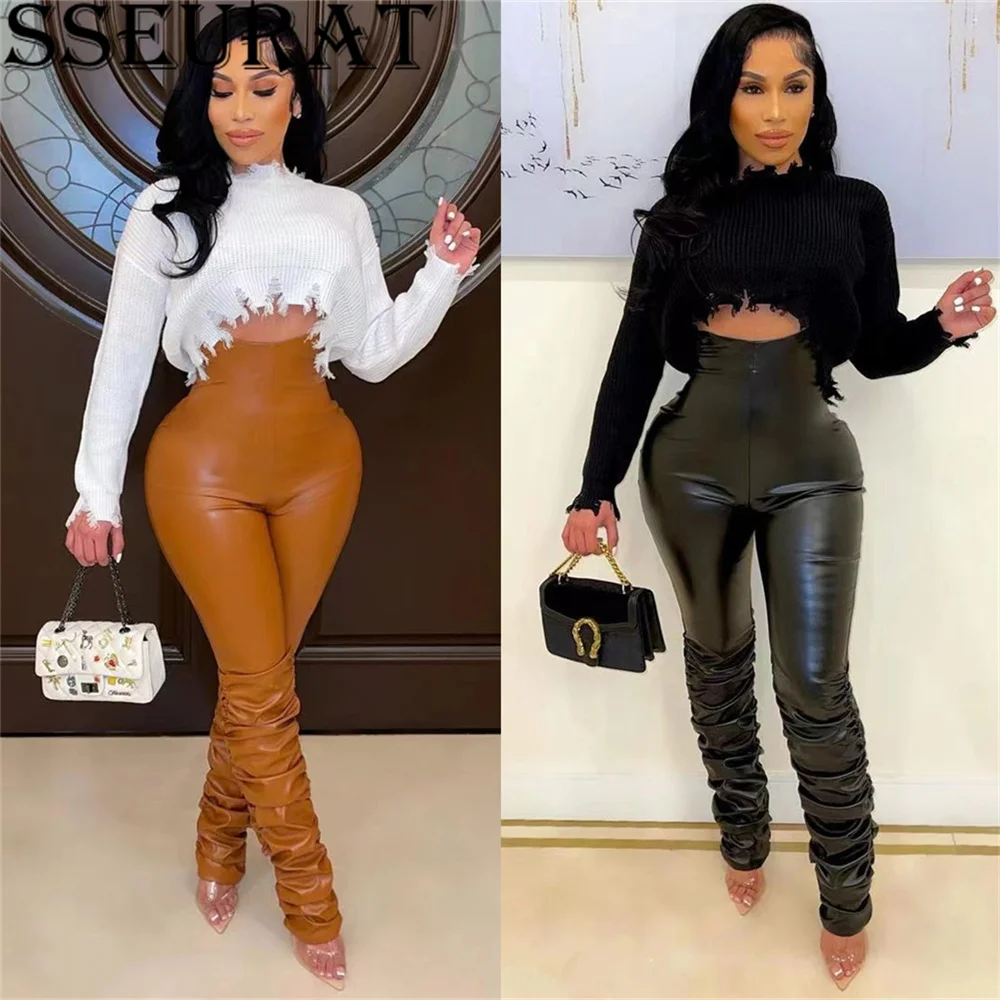 

SSEURAT Faux PU Leather Pleated High Waist Black Stacked Pant Women Slim Hipster Street Style Long Trousers Hot Sale