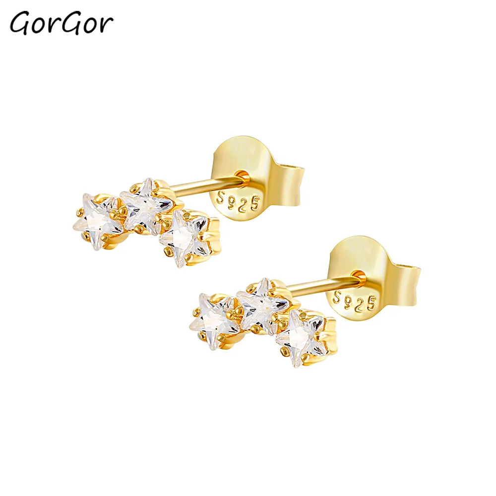 

GorGor Stud Earrings Women 925 Sterling Pattern Three Star Mosaic Zirconia Individuality Luxury Anniversary Jewelry 60202620790