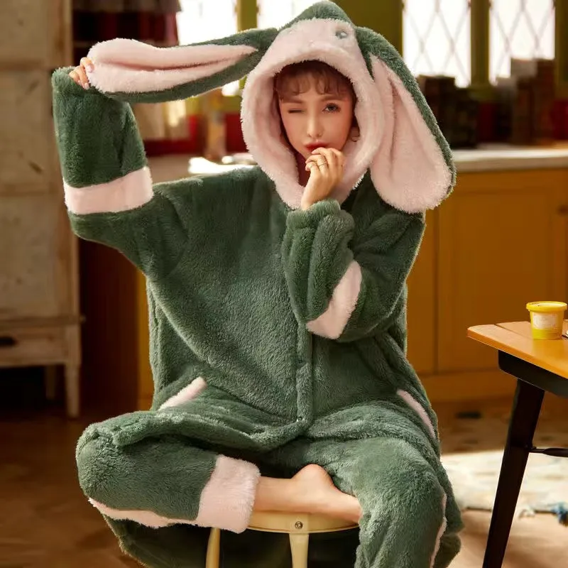 

Women Winter Flannel Pajamas Set Cute Rabbit Ear Sleepwear Warm Thick Plus Size Hooded Pyjamas Suit Homewear Clothes Female