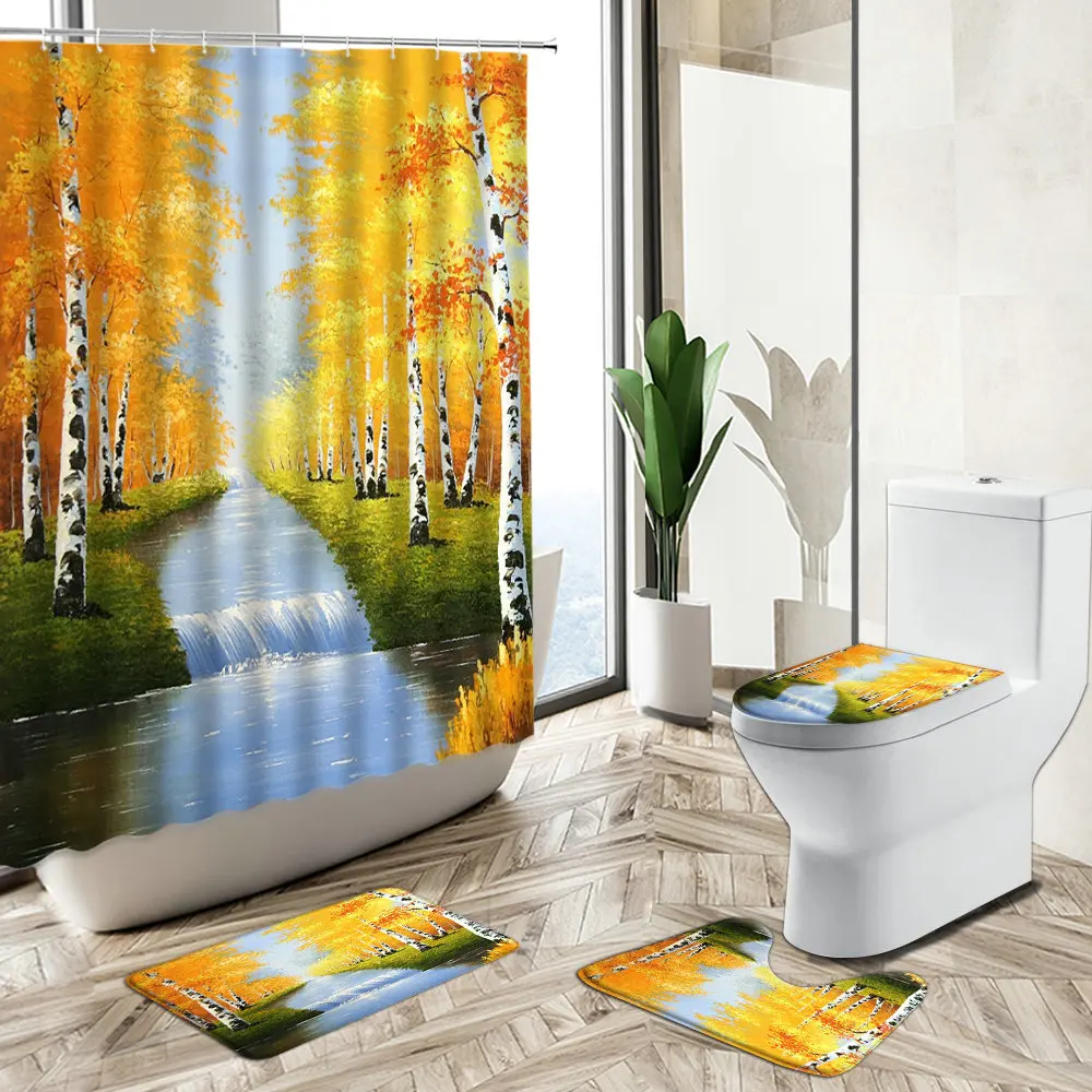 

Forest Waterfall Shower Curtain Autumn Oil Painting Scenery Bathroom Set Birch Tree Maple Leaf Bath Carpet Toilet Cover Foot Mat