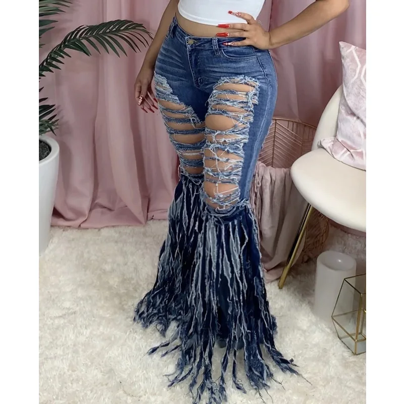 

Tassel Jean Denim Pants Trousers Camouflage 2022 New Women Mid Waist Jeans Vintage Flare Jeans with Holes Patchwork Bell Bottom