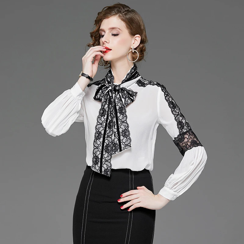 100% чистый шелк женские Подиумные рубашки воротник-бант длинные рукава кружева
