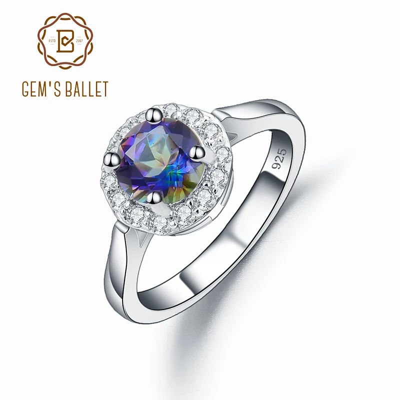 

GEM'S BALLET 925 Sterling Silver Gemstone Engagement Ring Natural Mystic Topaz Emerald Halo Rings For Women Fine Jewelry