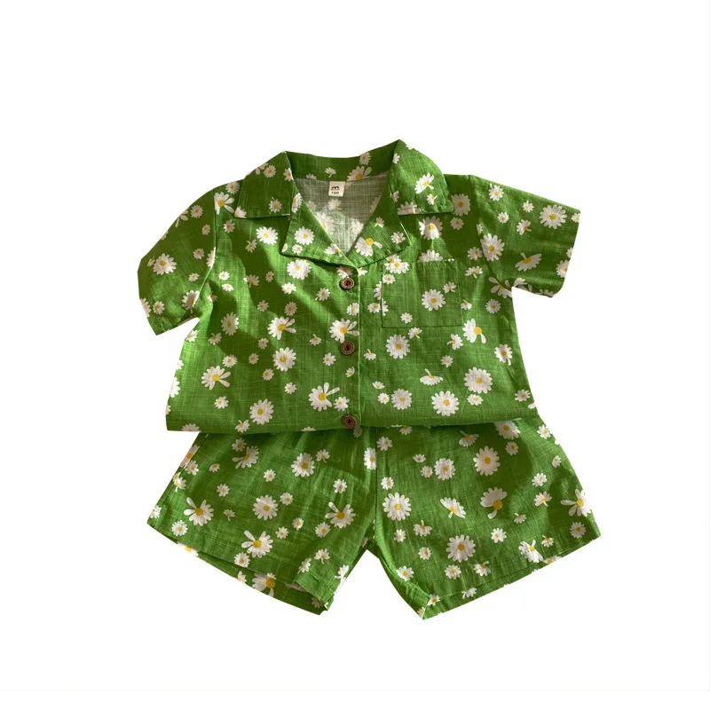 

Summer boys and girls cotton linen short sleeve T shirts and shorts 2pcs suit unisex children outfits clothes