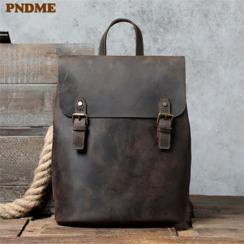 PNDME vintage crazy horse cowhide men's backpack simple high-quality genuine leather women's outdoor travel laptop bookbag