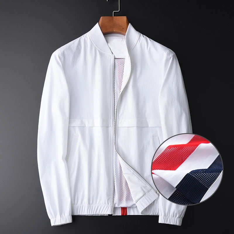 Роскошные сетчатые дизайнерские белые мужские куртки и пальто контрастных цветов с Бейсбольным воротником, облегающее повседневное спорт...