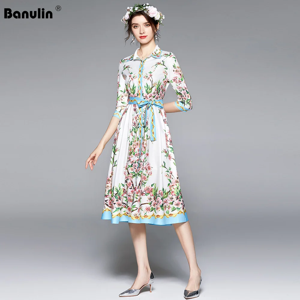 

Women Floral Print Elegant Shirt Dress 2021 Summer Bow Sashes High Quality Fashion Designer Runway Midi Dress Vestidos N61890