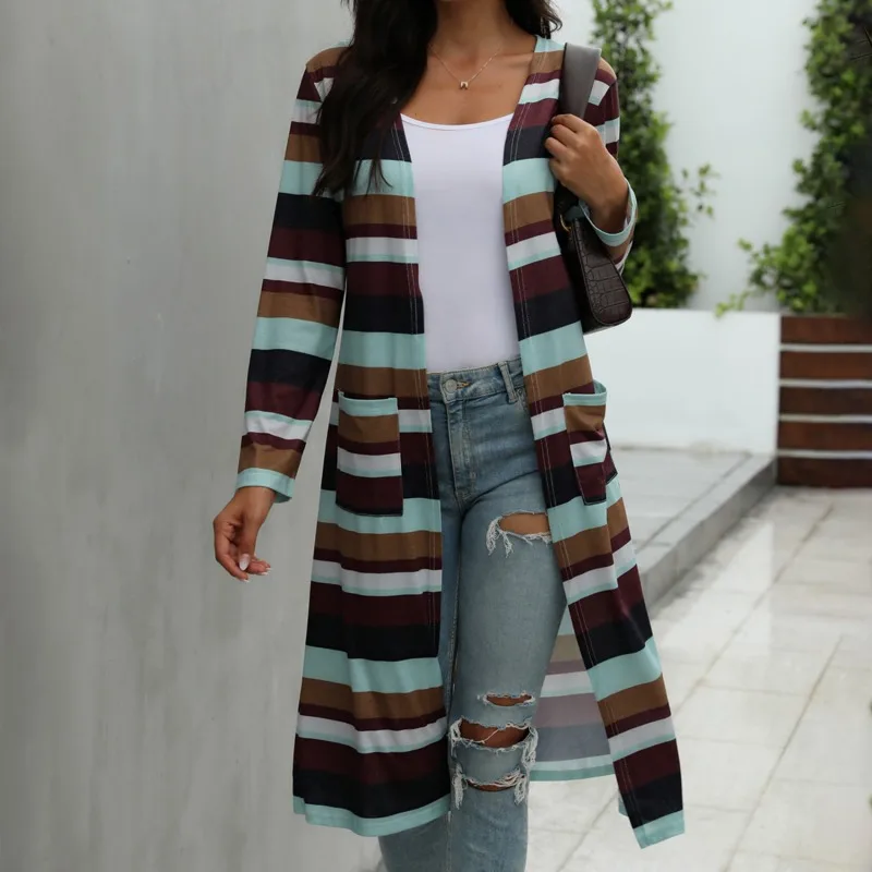 

2020 Striped Cardigans Women Autumn Casual Long Sleeve Female Cardigans Coat Casual Ladies Patchwork Top Coats Outwear