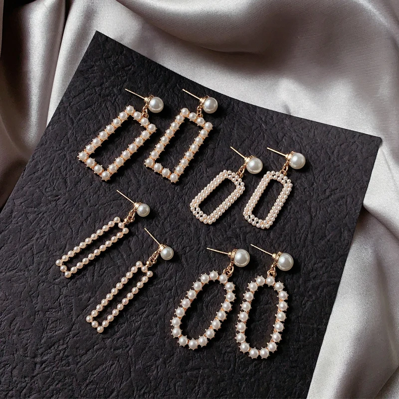 

2020 Korean style geometric pearl pendant earrings white rectangular simple earrings party accessories gift