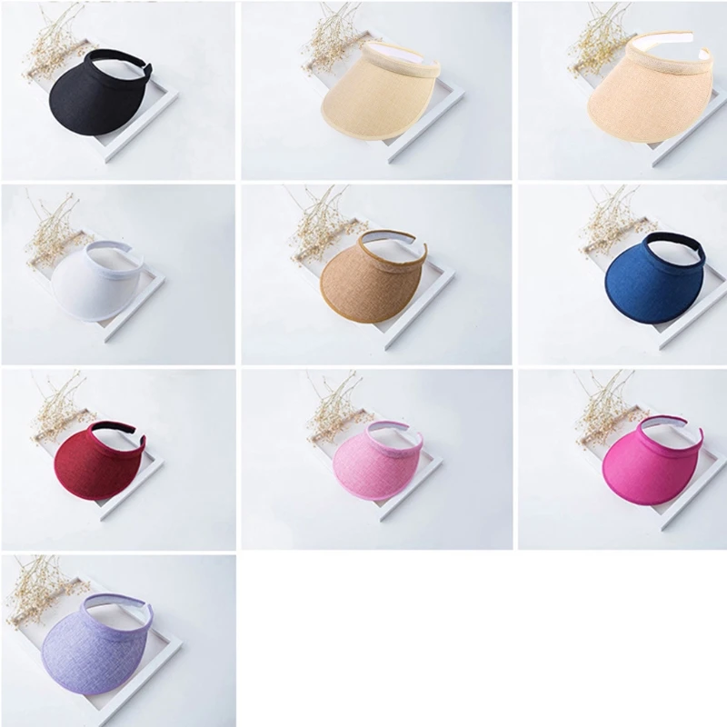 Women Ladies Summer Weave Straw Empty Top Beach Cap Clip-On Solid Color Large Wide Brim UV Protection Breathable Sun Visor Hat | Аксессуары