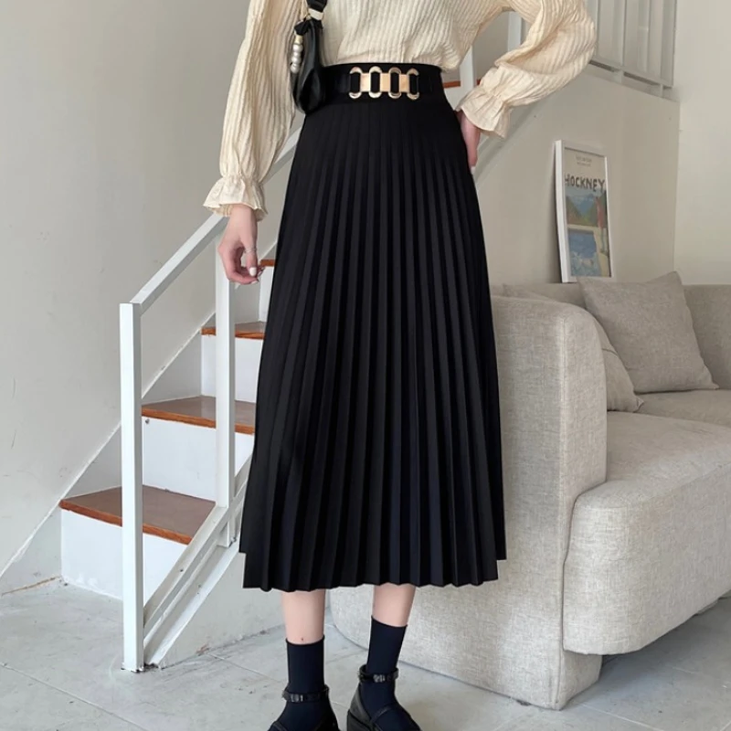 

Женская длинная Плиссированная юбка, черная однотонная трапециевидная юбка макси с драпировкой до щиколотки, зима 2022