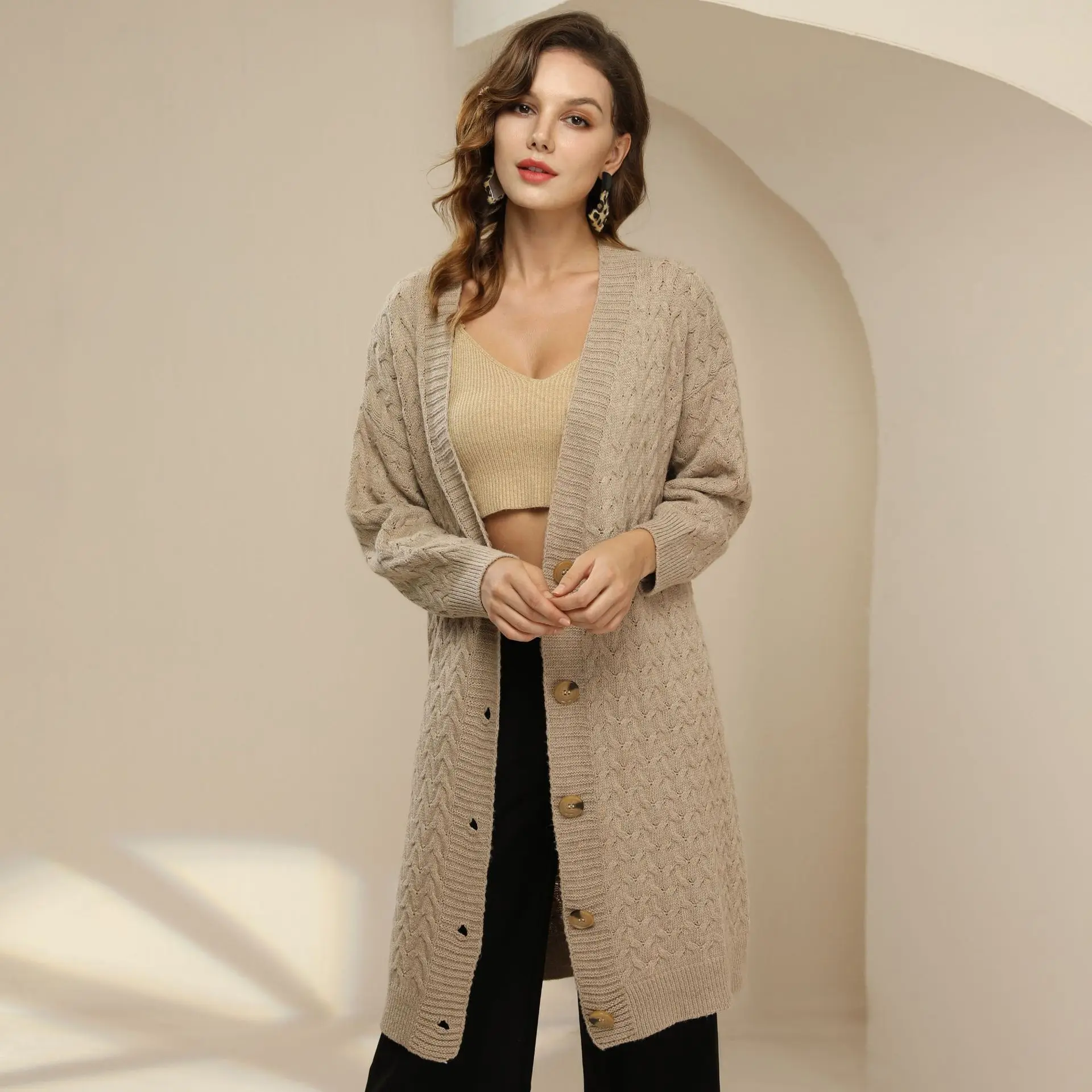 

Mid-length Women's Knitted Sweater Women 2021 Autumn And Winter New French Women's Twist Casual Loose Cardigan Jacket Women