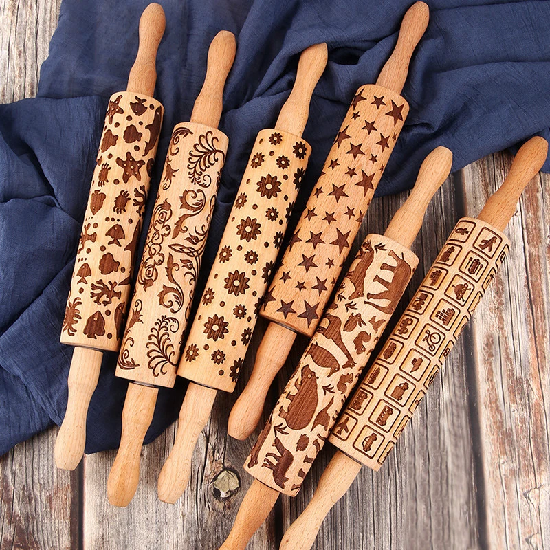 Creative Pattern Rolling Pin Biscuits Solid Wood Household Pressed Baking Kitchen Chrestmas Embossed Printing Rolling Pin Wood