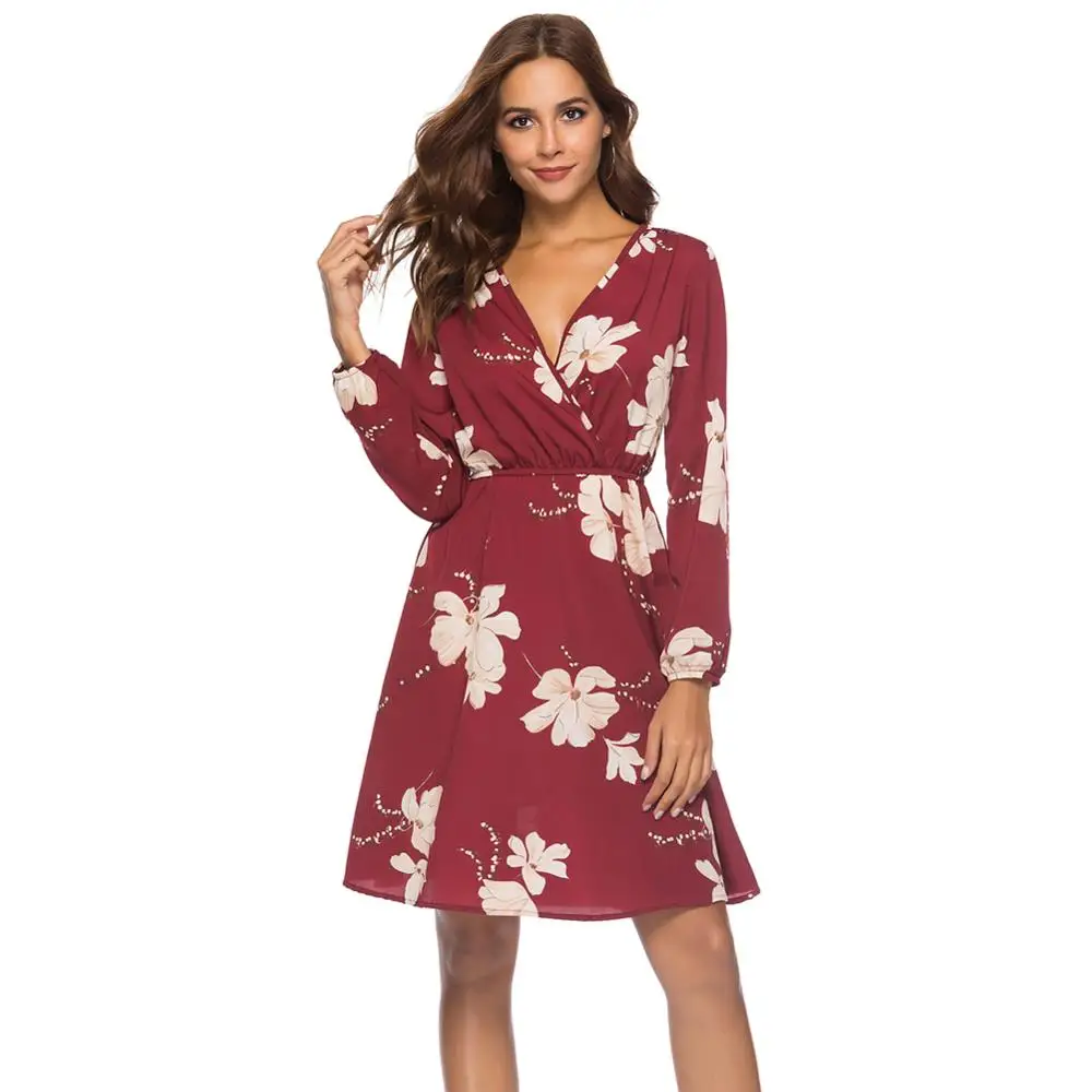 

2021 spring and summer new sexy V-neck long sleeve printed chiffon dress