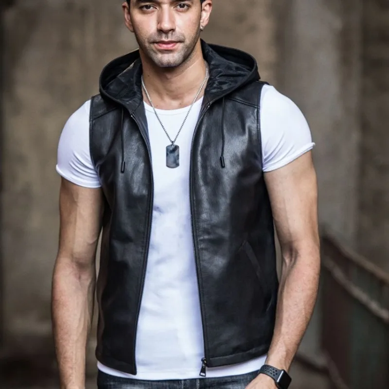Высокое качество для мужчин высокого 100% настоящая козья кожа жилет с капюшоном