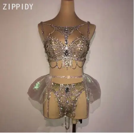 Сексуальный блестящий серебристый Стразы с цепочкой бюстгальтер короткая юбка