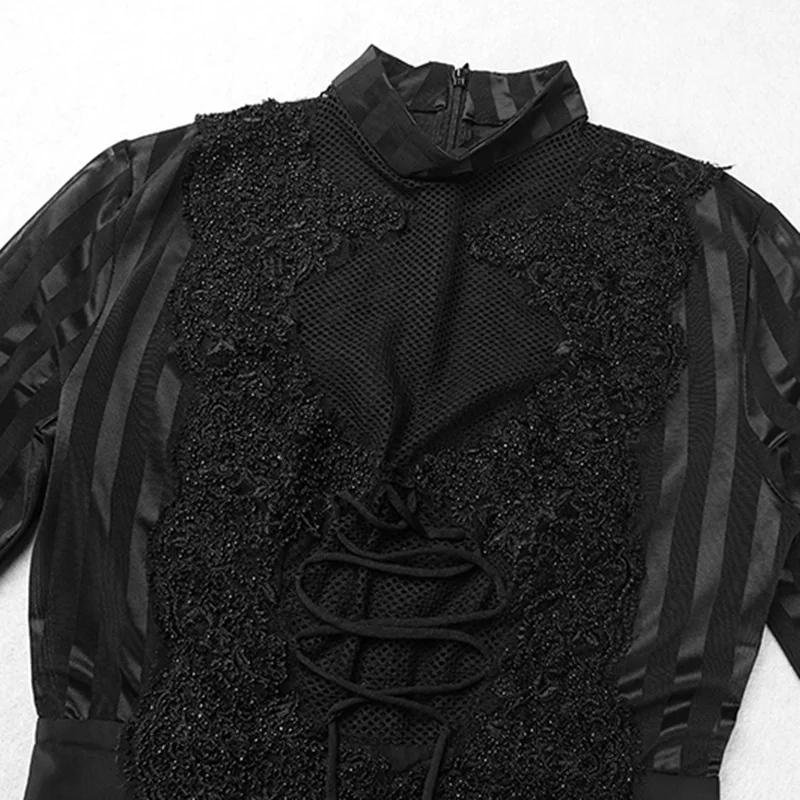 Модное Длинное платье с длинными рукавами в полоску сеткой со шнурками черное