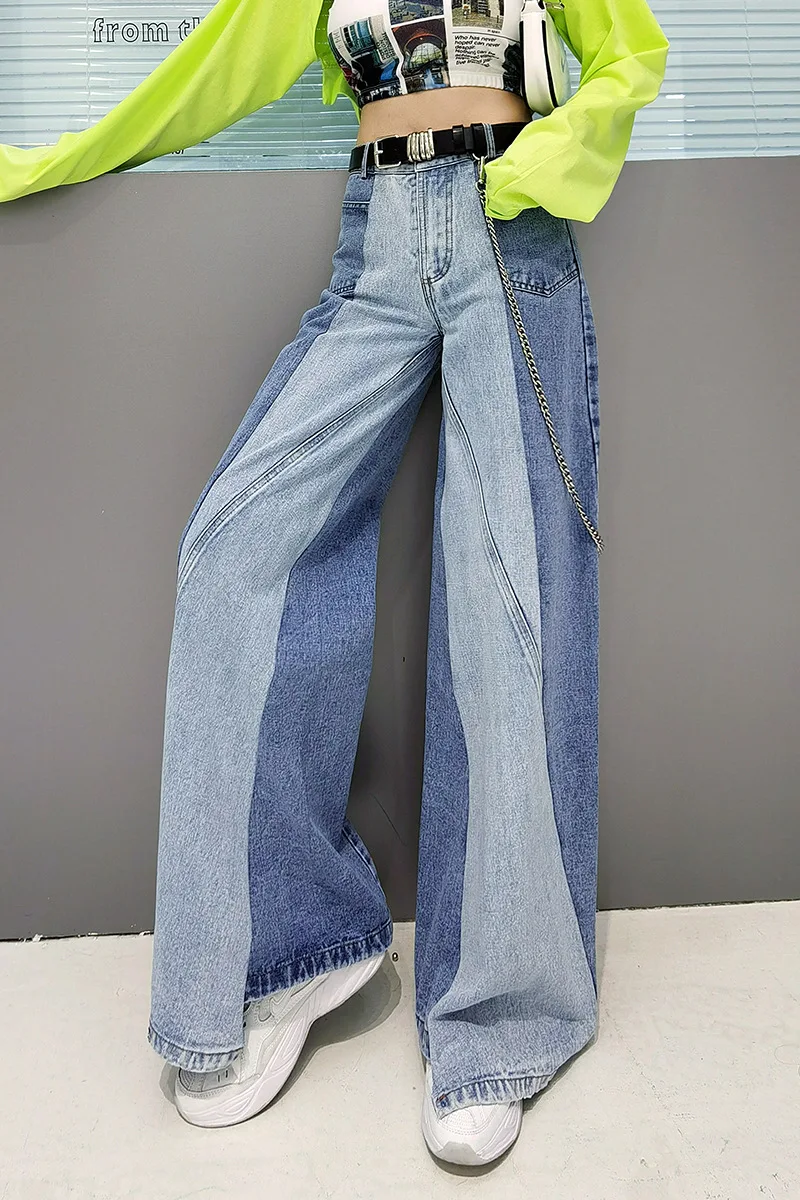 

SuperAen 2021 Spring/Summer New Irregular Color Matching Wide Leg Jeans Women's Loose Fashion High Waist Casual Pants