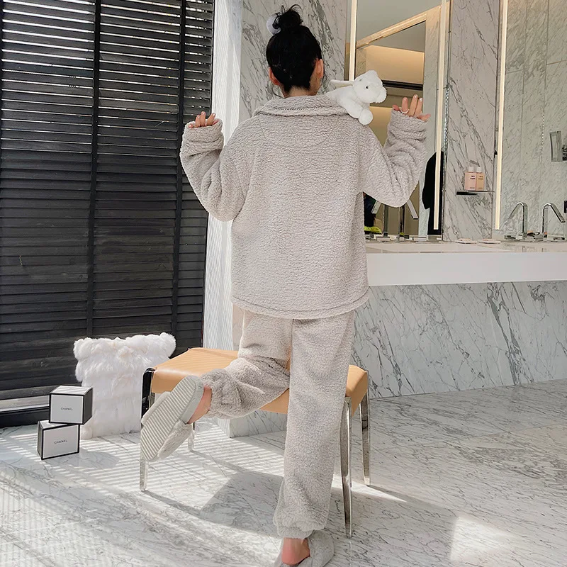 Women Nightwear Pajama Set Cute Korean Pajamas Plush Turn Down Collar 2 Piece Pajama Set Women Thick Button Up Pajama Set