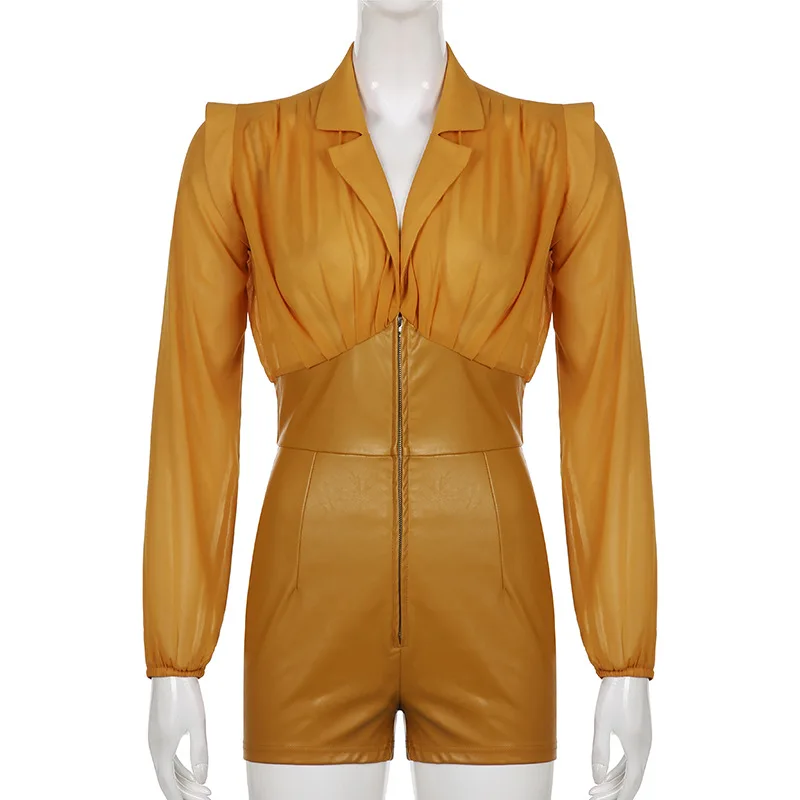 Женский шифоновый комбинезон из ПУ кожи с V-образным вырезом и лацканами |