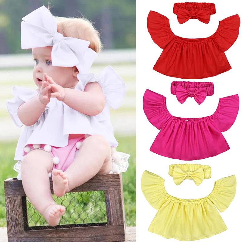 Cute Newborn Baby Girl Summer Clothes Off Shoulder Tops+Bowknot Headband Ruffle Sleeves Girls Blouses 0-6Y Shirt for Children