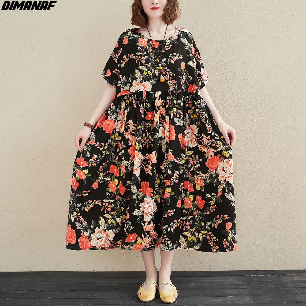 

DIMANAF Dress Summer Women Clothing Chiffon Sundress Beach Holiday Flower Print Dress Vintage Loose Oversize Casual Long Dress