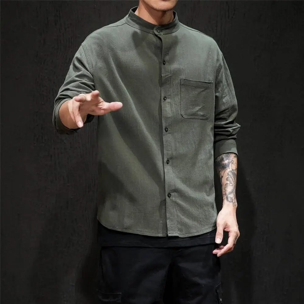 

Shirt Men's Autumn Trend Young Students Harajuku Loose Casual Handsome Long-sleeved Cotton and Linen Solid Color Shirt