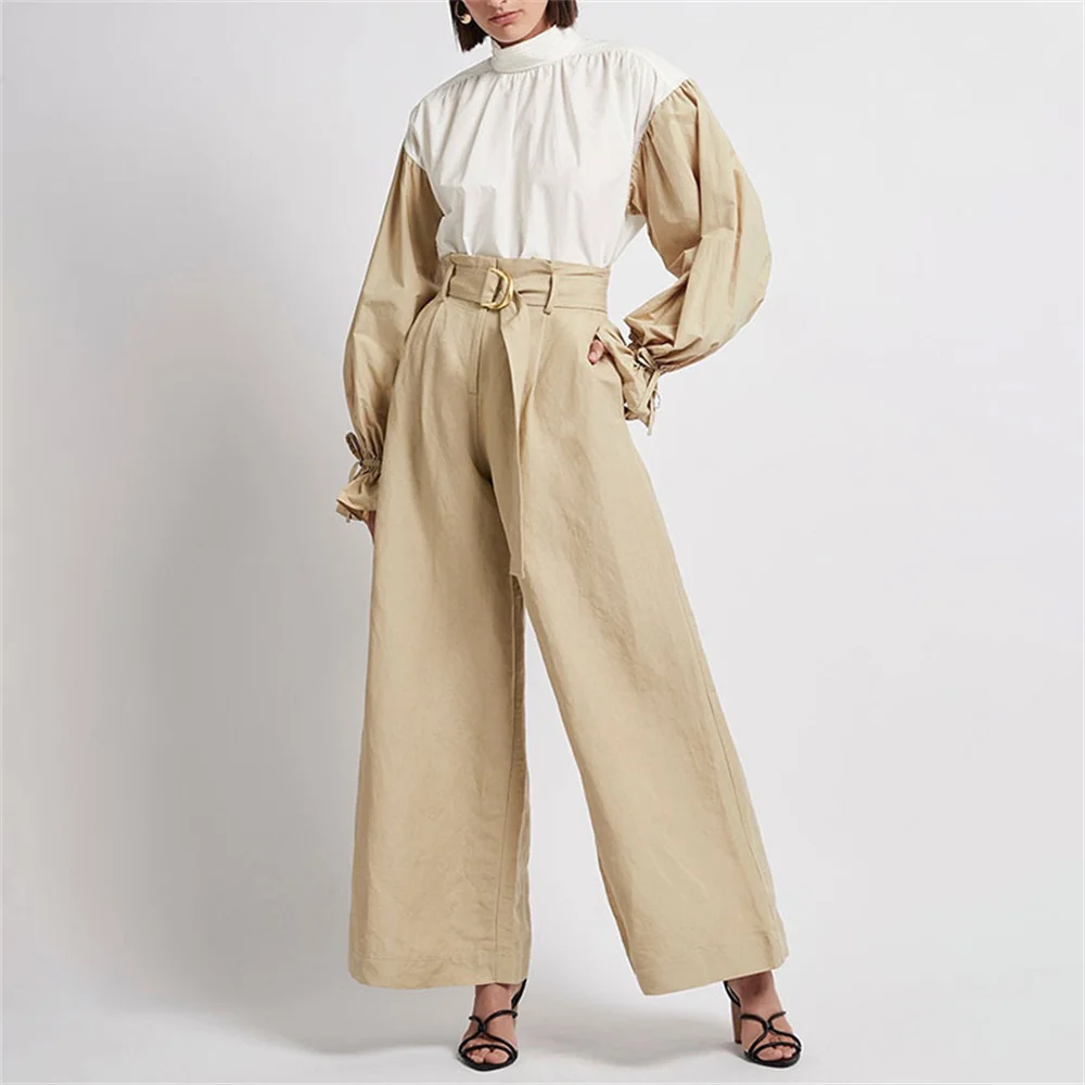 

Women 2021 Autumn Winter Set New Color Blocking Mock Neck Shirt Long Flared Sleeve Shirt + Lace-up Wide-leg Pants Casual Suit