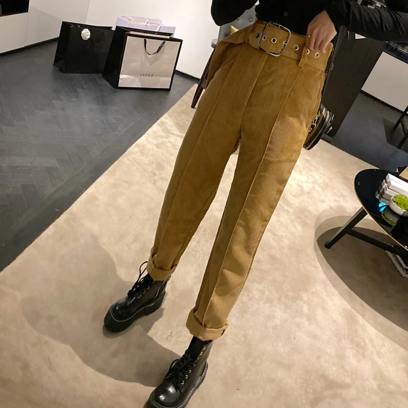 Женские вельветовые брюки REALEFT длинные с высокой талией поясом и на осень зиму 2019