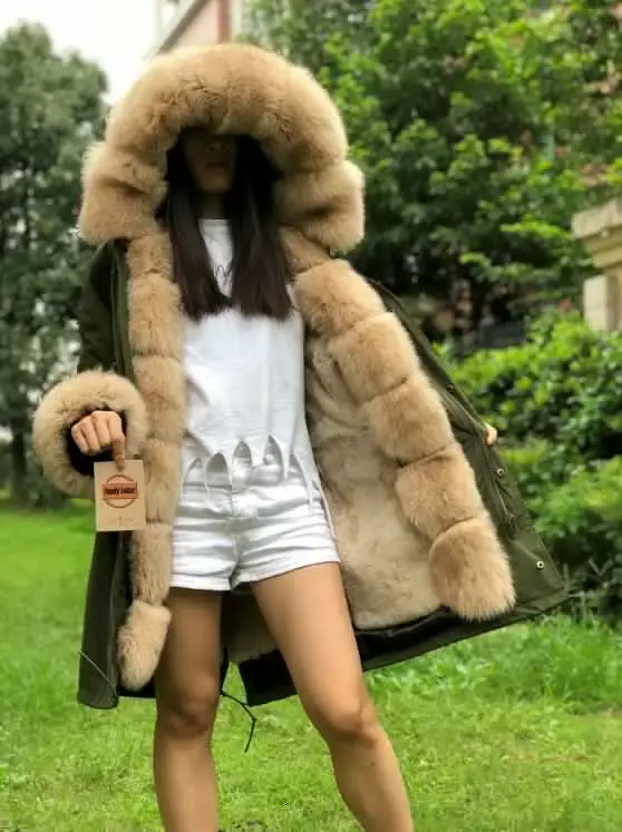 FLFP01 green-beige Fandy lokar натуральное меховое пальто, отделенная подкладка, натуральный мех кролика Рекс, парка из натурального Лисьего меха, черная куртка, зимнее пальто, длинное меховое пальто для женщин - Цвет: FLFP01 green-beige