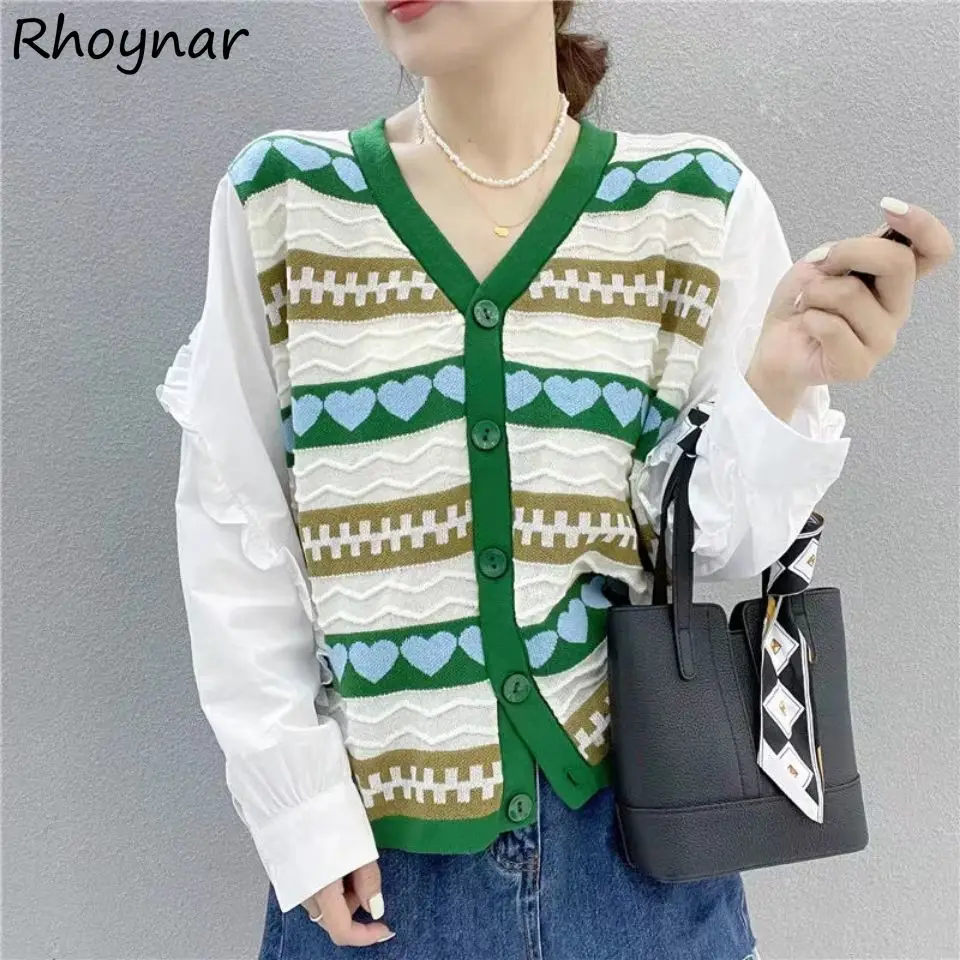

Cardigans Sweaters Women Korean Style Chic Trendy Long Sleeve Spliced Daily Spring Fall Knitted V-neck All-match Teens Ladies