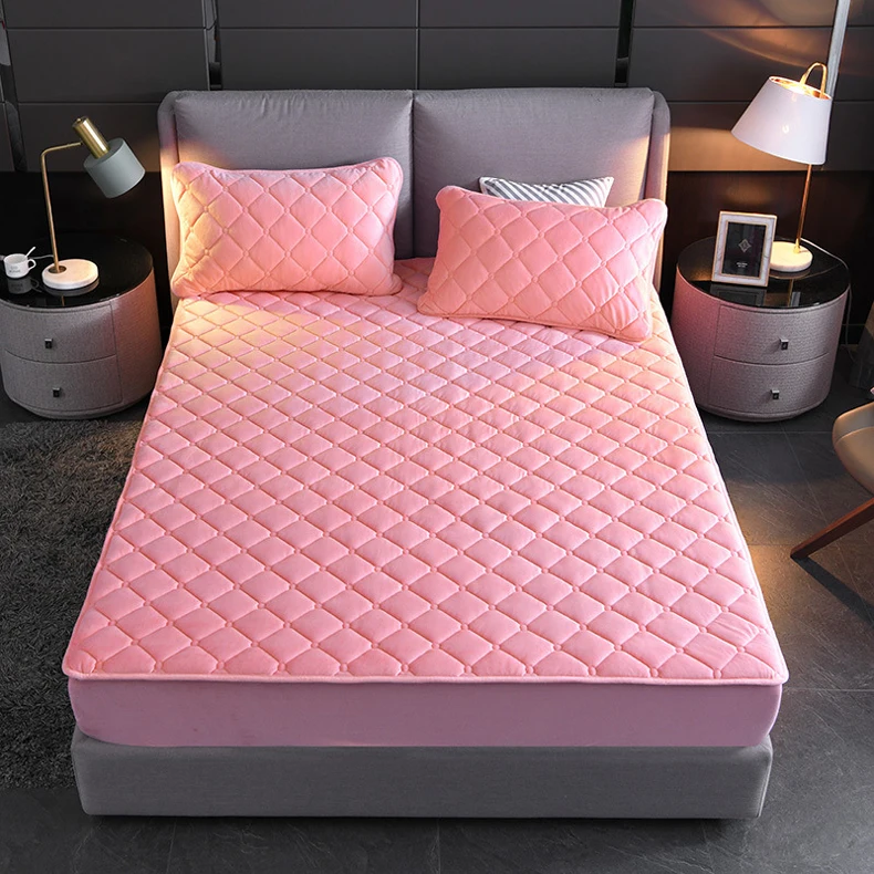 

Flannel Quilted Mattress Cover Solid Color Warm Soft Fitted Sheet Thicken Velvet Pad Protecor Cover Not Including Pillowcase