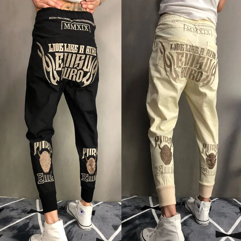 

2021 New Summer Men's Embroidered Casual Fashion Cropped Pants Streetwear Khaki Demon Cargo Pants Black Fashion Lace-up Tights