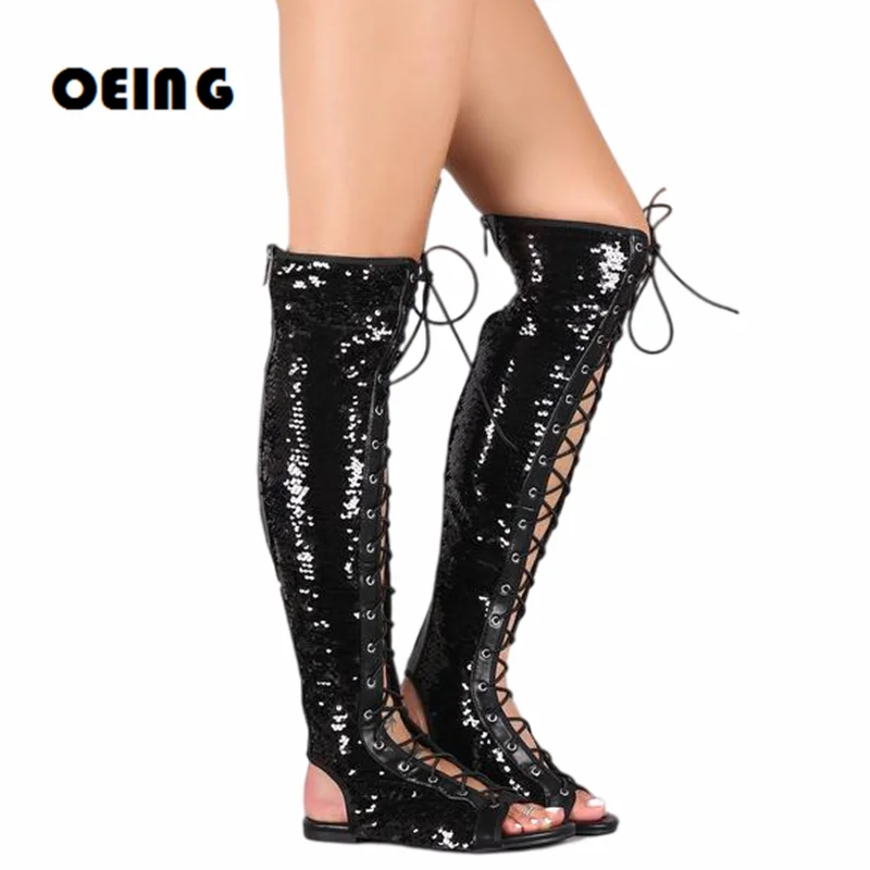 

Summer Women Gladiator Sandals Boots Bling Sequined Front Cross Tied Knee High Boots Back Zipper Open Toe Flats Casual Boots