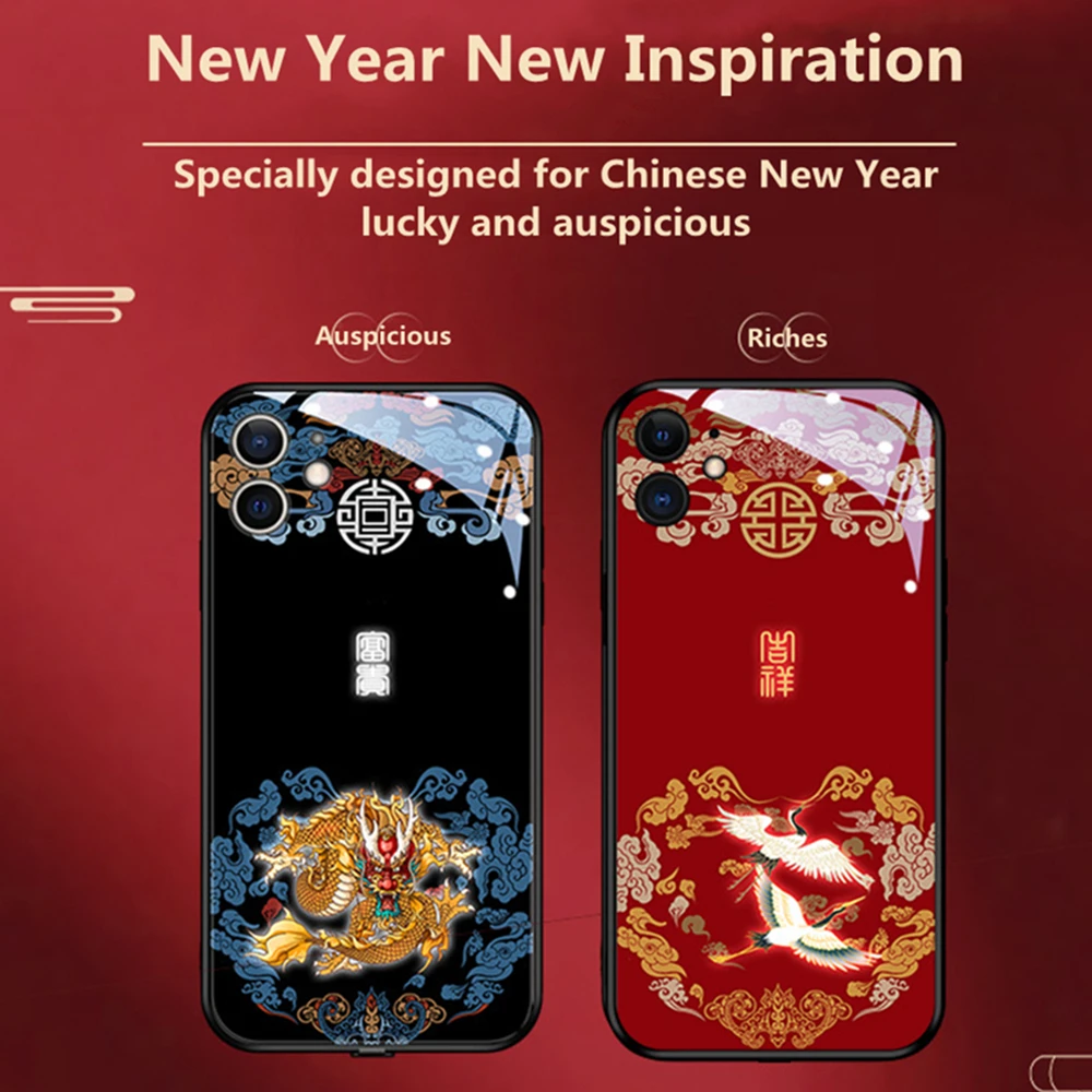 Kup Moda Chiński Styl Powodzenia Szkło Twarde LED Etui Na Telefony Dla IPhone 14 13 12 11 Pro Max żuraw Smok Totem Zwierząt Tylna Okładka