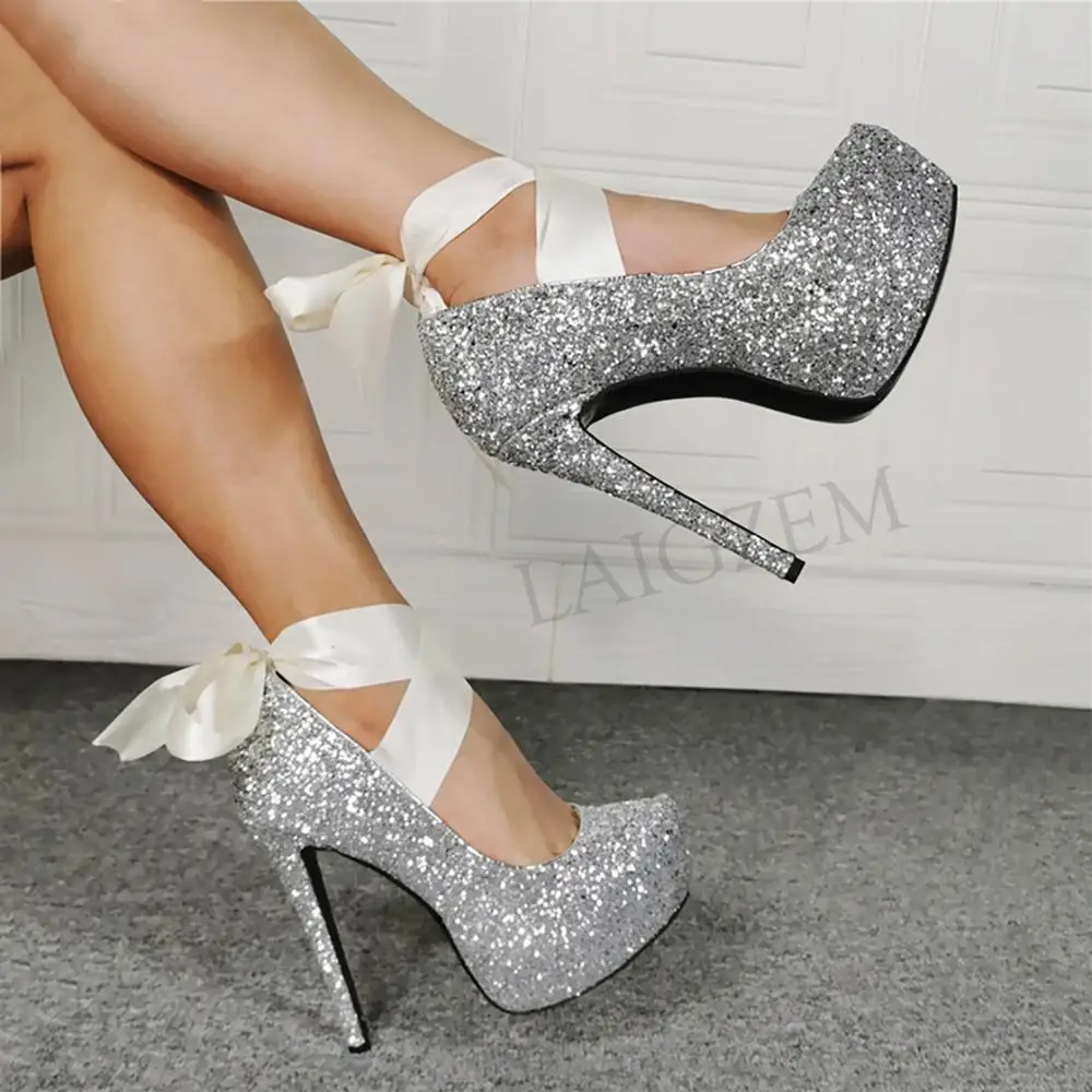 BERZIMER Women Platform Pumps Silver Glitter Shoes Woman Stiletto High Heels Sandals Wedding Party Unisex Large Size 44 50 51 52