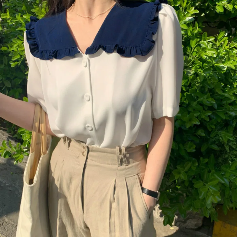 

Летние женские топы и блузки в Корейском стиле, шикарные большие отложные воротники, однобортные элегантные женские топы, женские повседне...