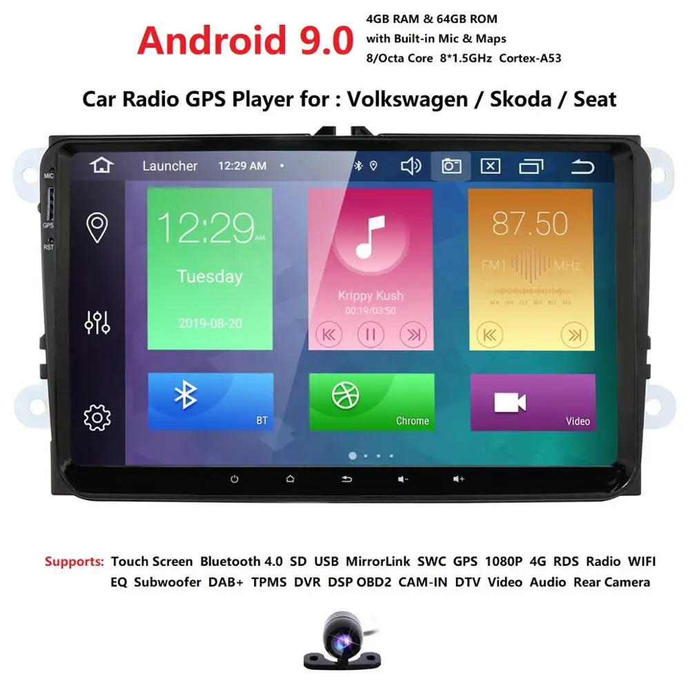 2din Android 9,0 4 Гб+ 64 ГБ Автомобильный мультимедийный плеер для VW/Golf/Passat/POLO/Tiguan/Skoda/Fabia/Rapid/Seat/Leon gps 4G Вай-Фай Авторадио