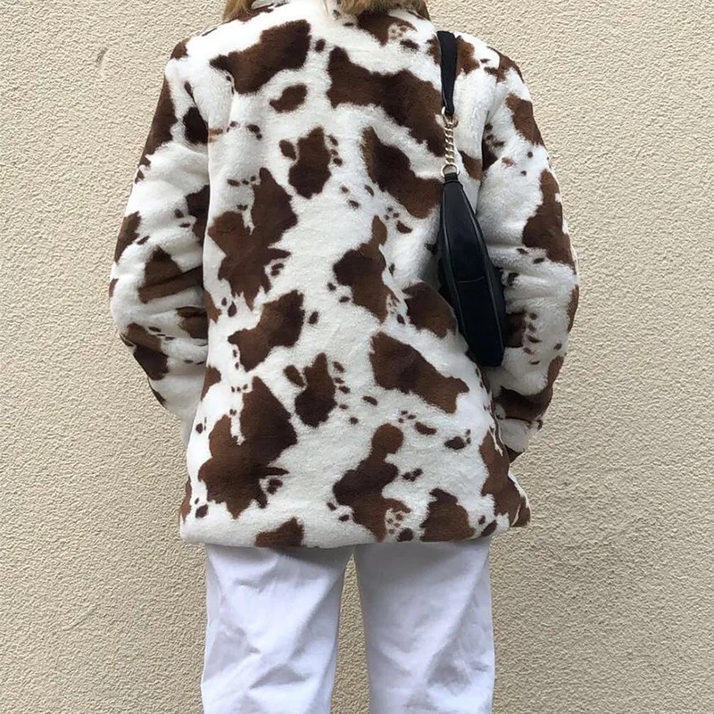 

Women Streetwear Leopard Printed Fluffy Faux Fur Coat Casual Loose Long Jacket Female Winter Fashion Overcoat Manteau Femme