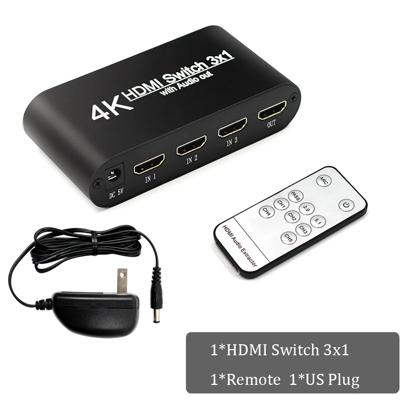 US Plug and Remote 1080P hdmi-hdmi коммутатор 3x1 3 в 1 выход 4 к аудио экстрактор с дистанционным Аудио HDMI в SPDIF выход для ТВ ПК проектор камеры - Цвет: US Plug and Remote